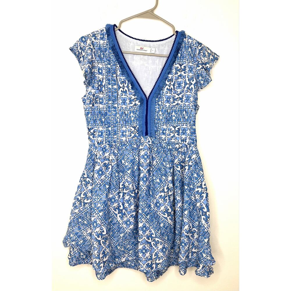 Vineyard Vines Cay Scarf Print Pintuck Dress Sz S V Neck Fringe Coastal Beach